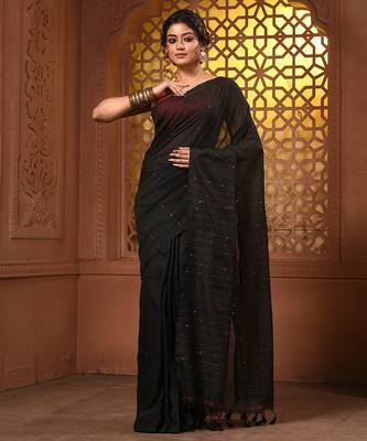 Black cotton handwoven soft saree with sequin work 1