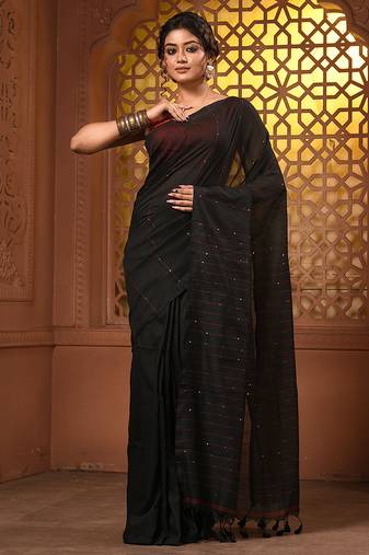 Black cotton handwoven soft saree with sequin work