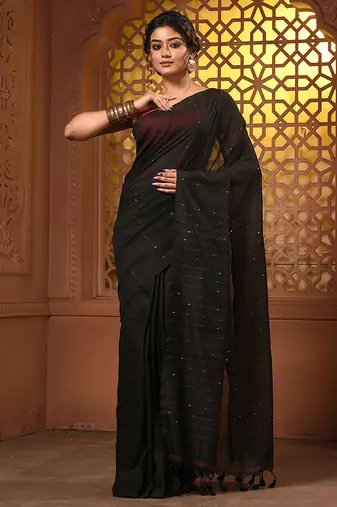 Black cotton handwoven soft saree with sequin work