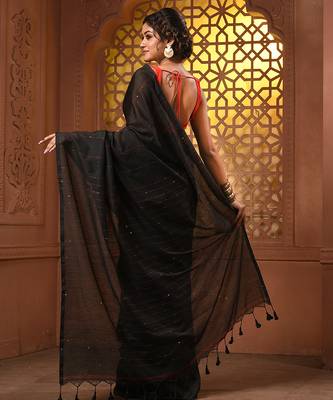 Black cotton handwoven soft saree with sequin work 3