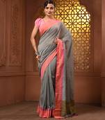 Allover sequin weaving grey cotton handwoven saree with gheecha pallu