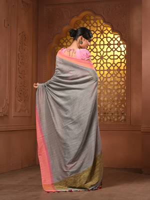 Allover sequin weaving grey cotton handwoven saree with gheecha pallu 3