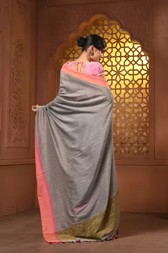 Allover sequin weaving grey cotton handwoven saree with gheecha pallu