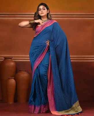 Allover sequin weaving cobalt blue cotton handwoven saree with gheecha pallu 1