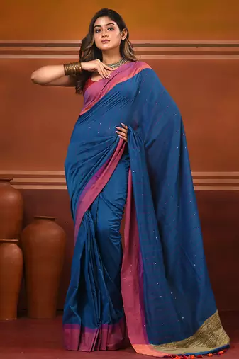 Allover sequin weaving cobalt blue cotton handwoven saree with gheecha pallu