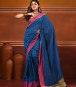 Allover sequin weaving cobalt blue cotton handwoven saree with gheecha pallu