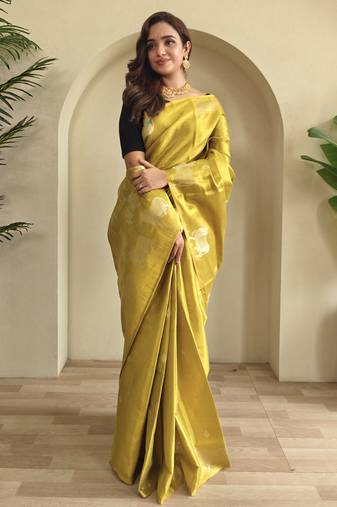 dark lime coloer Zari All Over Pichwai Pattern Tilak Butti Motifs tissue saree