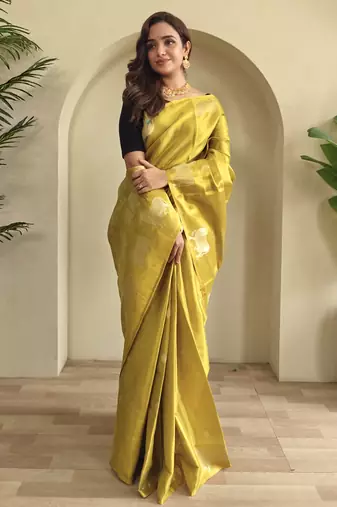 dark lime coloer Zari All Over Pichwai Pattern Tilak Butti Motifs tissue saree