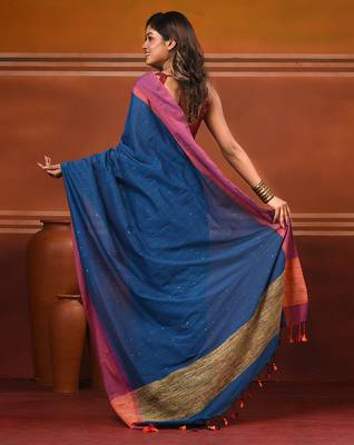 Allover sequin weaving cobalt blue cotton handwoven saree with gheecha pallu 2