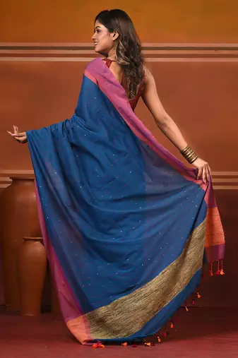 Allover sequin weaving cobalt blue cotton handwoven saree with gheecha pallu
