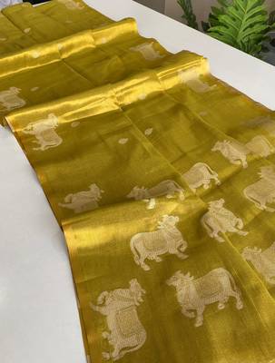 dark lime coloer Zari All Over Pichwai Pattern Tilak Butti Motifs tissue saree 2