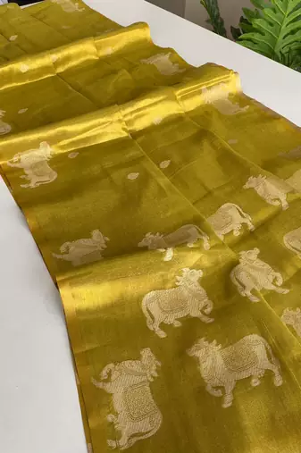 dark lime coloer Zari All Over Pichwai Pattern Tilak Butti Motifs tissue saree