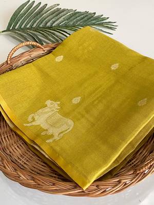 dark lime coloer Zari All Over Pichwai Pattern Tilak Butti Motifs tissue saree 3