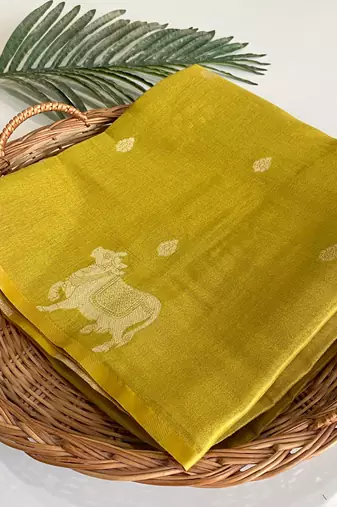 dark lime coloer Zari All Over Pichwai Pattern Tilak Butti Motifs tissue saree