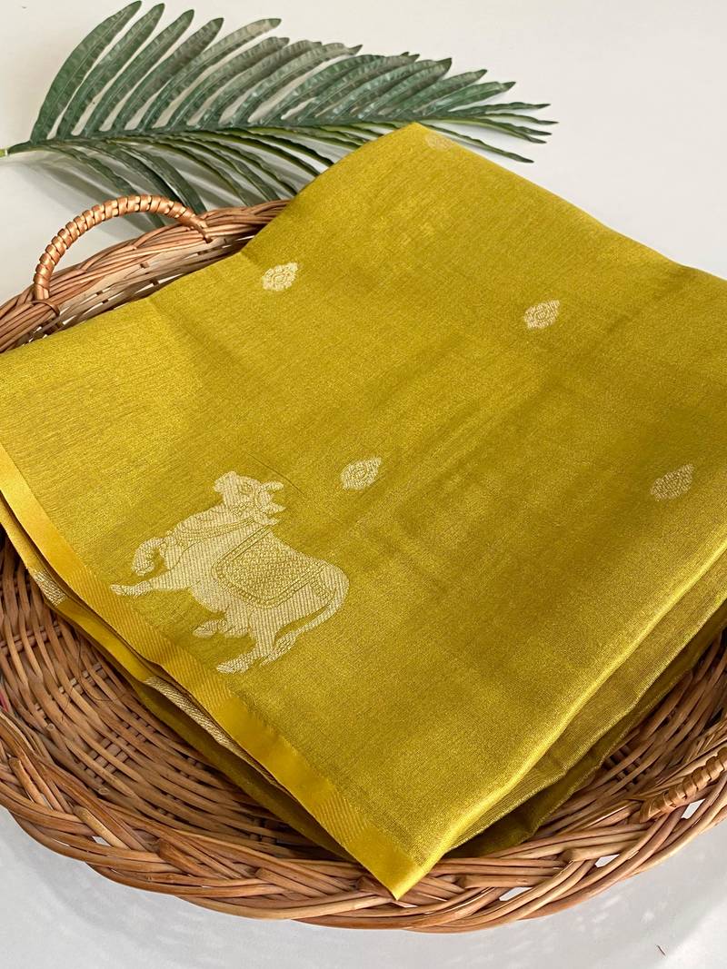 dark lime coloer Zari All Over Pichwai Pattern Tilak Butti Motifs tissue saree