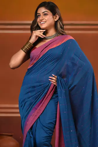 Allover sequin weaving cobalt blue cotton handwoven saree with gheecha pallu