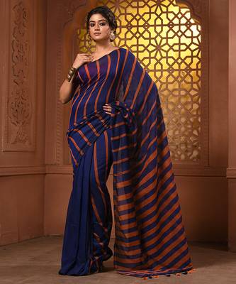 Blue and orange cotton handwoven soft saree with stripe pattern 1