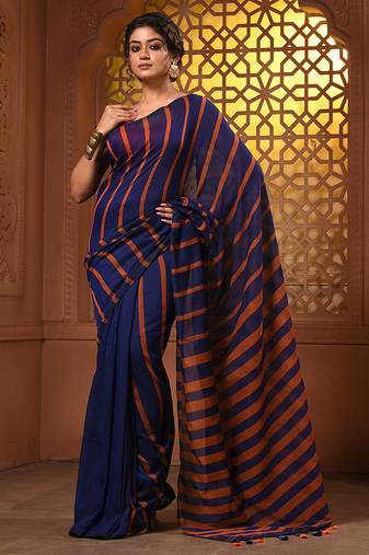 Blue and orange cotton handwoven soft saree with stripe pattern