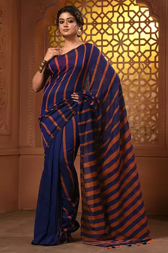 Blue and orange cotton handwoven soft saree with stripe pattern