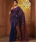 Blue and orange cotton handwoven soft saree with stripe pattern