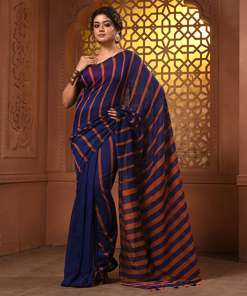 Blue and orange cotton handwoven soft saree with stripe pattern