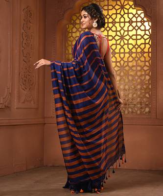 Blue and orange cotton handwoven soft saree with stripe pattern 3