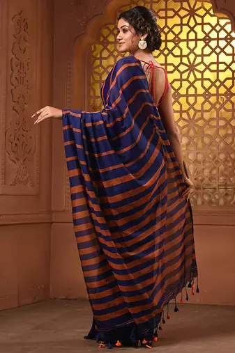 Blue and orange cotton handwoven soft saree with stripe pattern