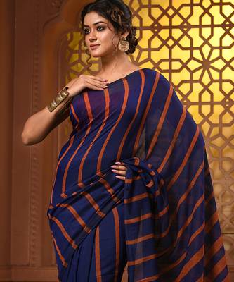 Blue and orange cotton handwoven soft saree with stripe pattern 4