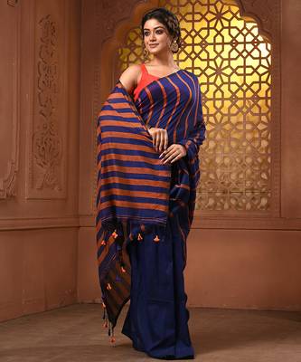 Blue and orange cotton handwoven soft saree with stripe pattern 5