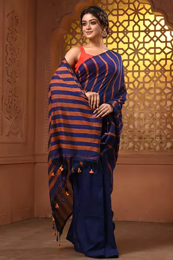 Blue and orange cotton handwoven soft saree with stripe pattern