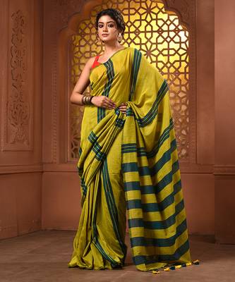 Mustard and teal cotton handwoven soft saree with stripe pattern 1