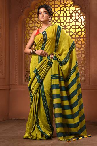 Mustard and teal cotton handwoven soft saree with stripe pattern