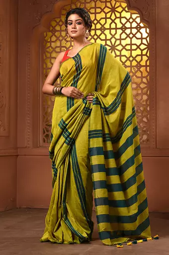 Mustard and teal cotton handwoven soft saree with stripe pattern