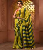 Mustard and teal cotton handwoven soft saree with stripe pattern