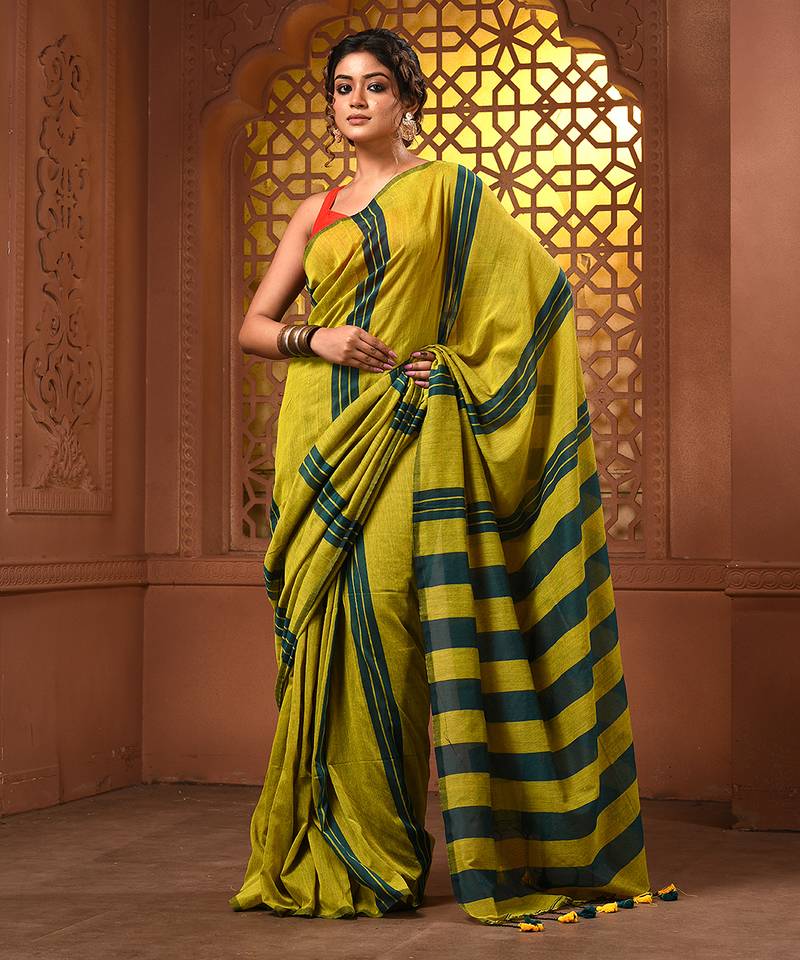Mustard and teal cotton handwoven soft saree with stripe pattern