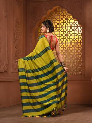 Mustard and teal cotton handwoven soft saree with stripe pattern 2