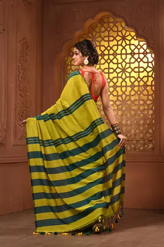 Mustard and teal cotton handwoven soft saree with stripe pattern