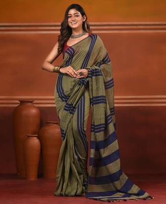 Ecru and blue cotton handwoven soft saree with stripe pattern 1