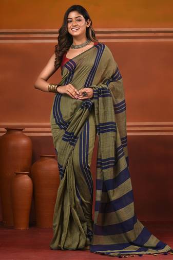 Ecru and blue cotton handwoven soft saree with stripe pattern