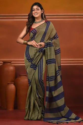 Ecru and blue cotton handwoven soft saree with stripe pattern