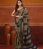 Ecru and blue cotton handwoven soft saree with stripe pattern