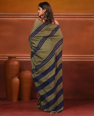 Ecru and blue cotton handwoven soft saree with stripe pattern 2