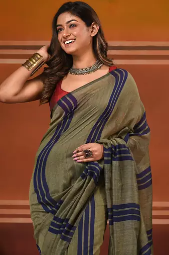 Ecru and blue cotton handwoven soft saree with stripe pattern