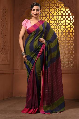 Multicolor cotton handwoven saree with stripe gheecha pallu
