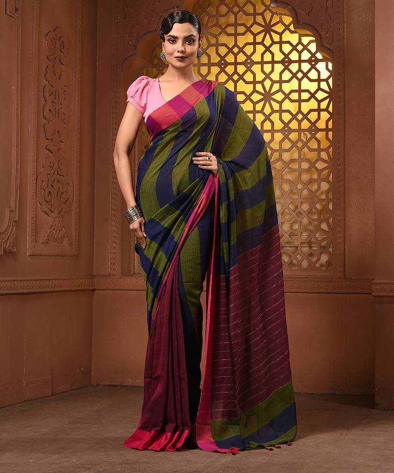 Multicolor cotton handwoven saree with stripe gheecha pallu