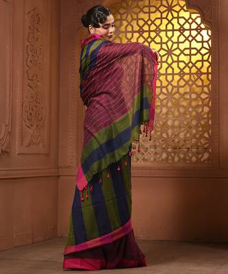 Multicolor cotton handwoven saree with stripe gheecha pallu 2