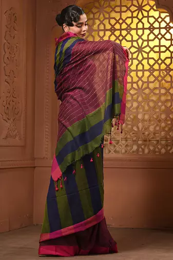 Multicolor cotton handwoven saree with stripe gheecha pallu