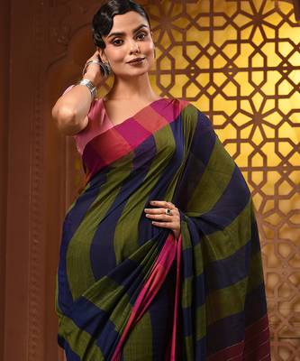 Multicolor cotton handwoven saree with stripe gheecha pallu 5