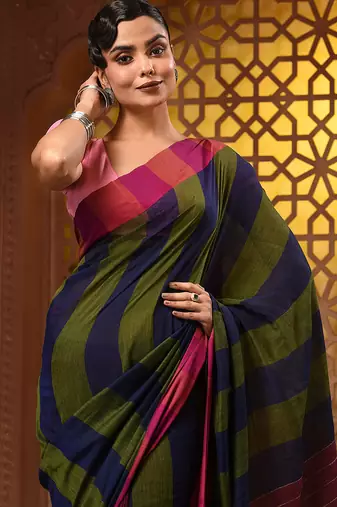 Multicolor cotton handwoven saree with stripe gheecha pallu