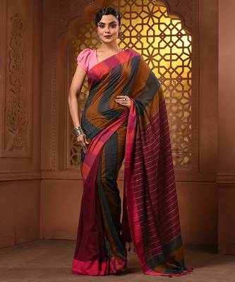Multicolor cotton handwoven saree with stripe gheecha pallu 1